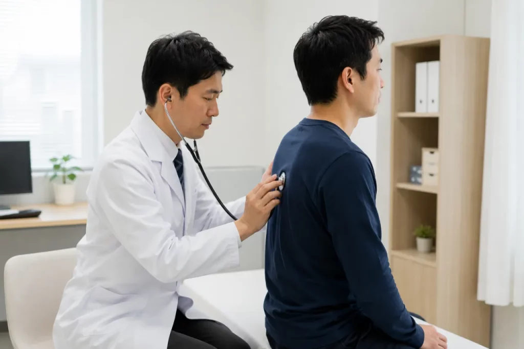 醫師用聽診器為患者聽診胸腔
