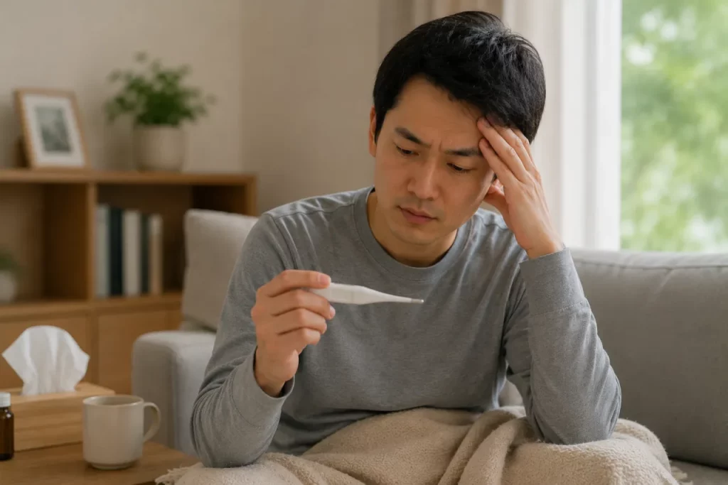 成人在家量體溫、神情疲憊