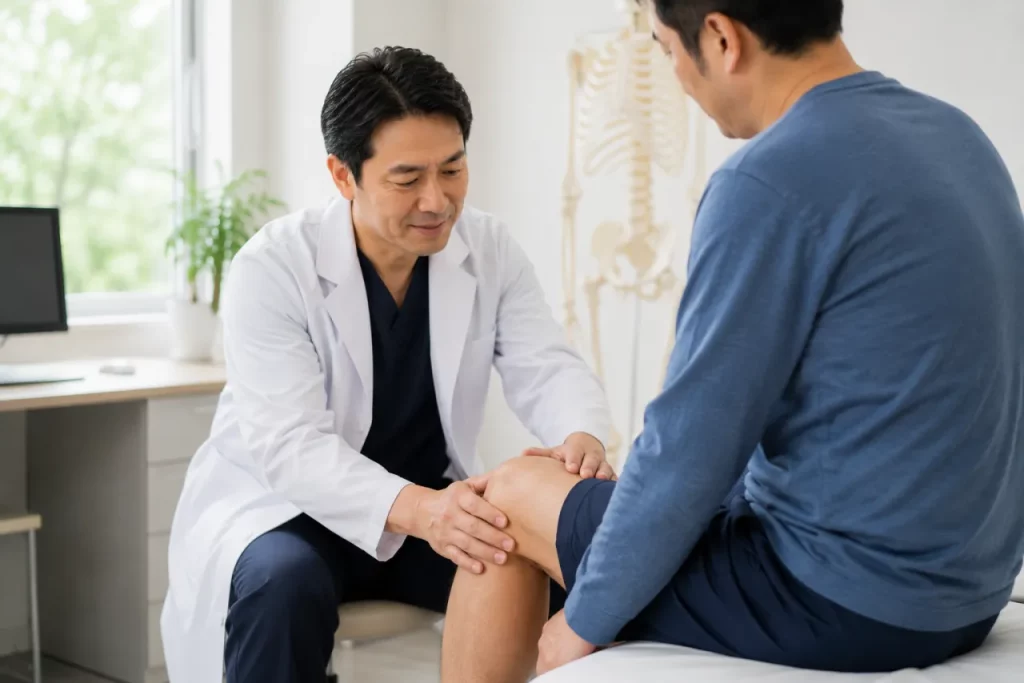 醫師在診間檢查患者的膝關節