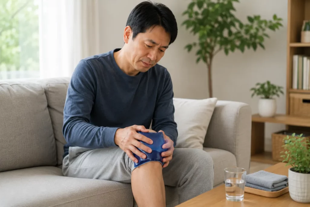 在沙發上對膝蓋進行冰熱敷