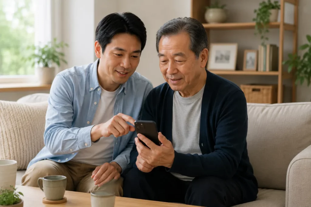 長者與家人一起用手機查診所看診進度