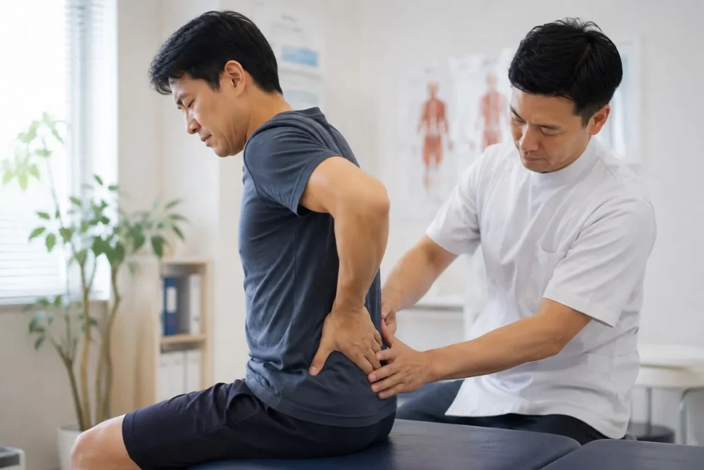 醫師或物理治療師檢查腰部