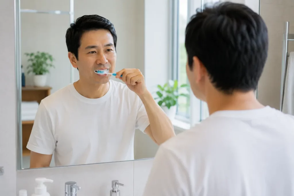 在鏡子前刷牙做好口腔保健