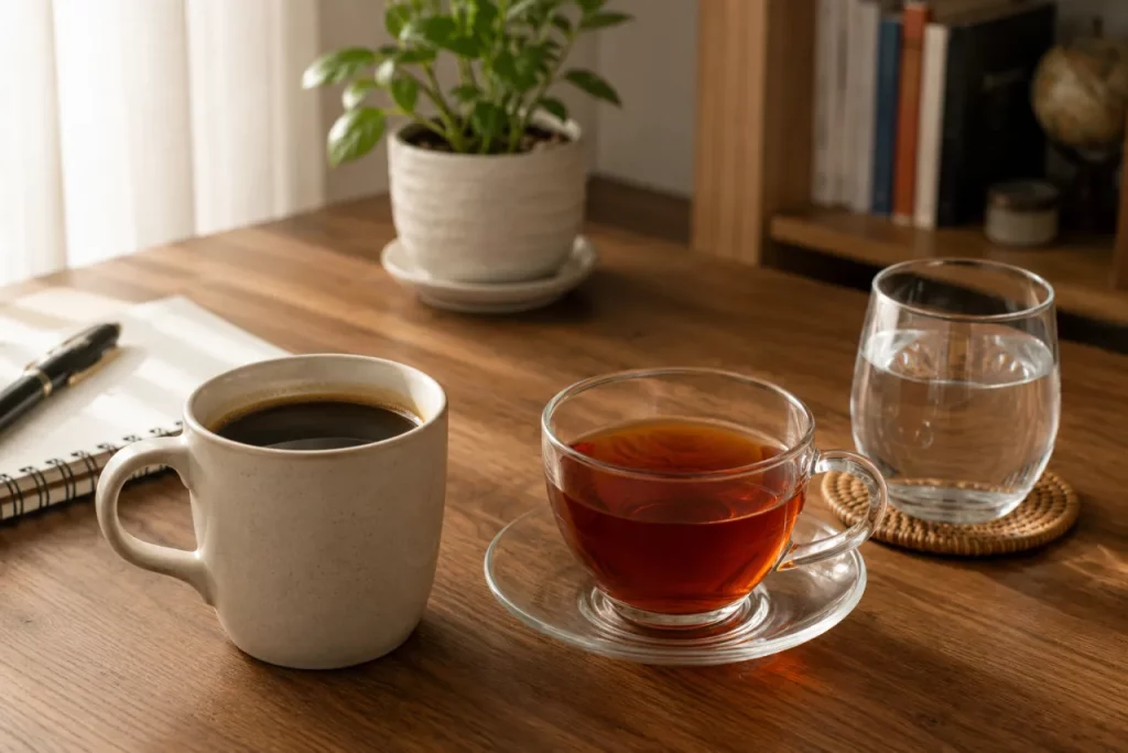 桌上的咖啡、濃茶與開水