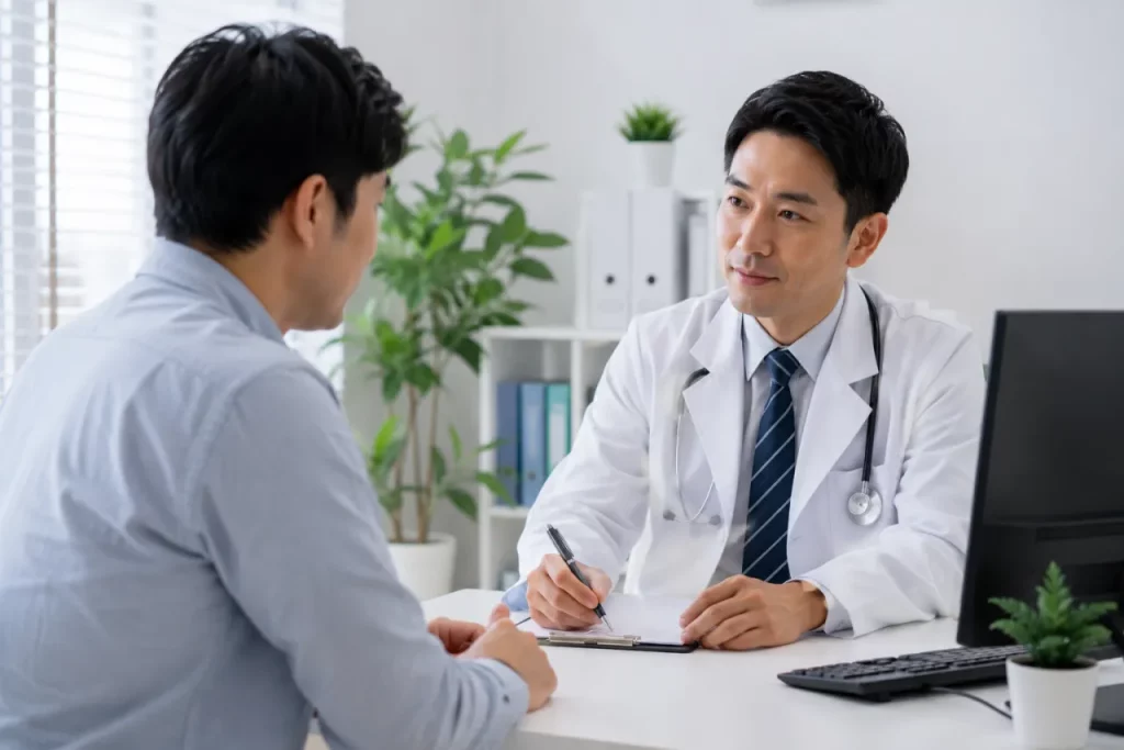 男性患者在泌尿科診間與醫師問診